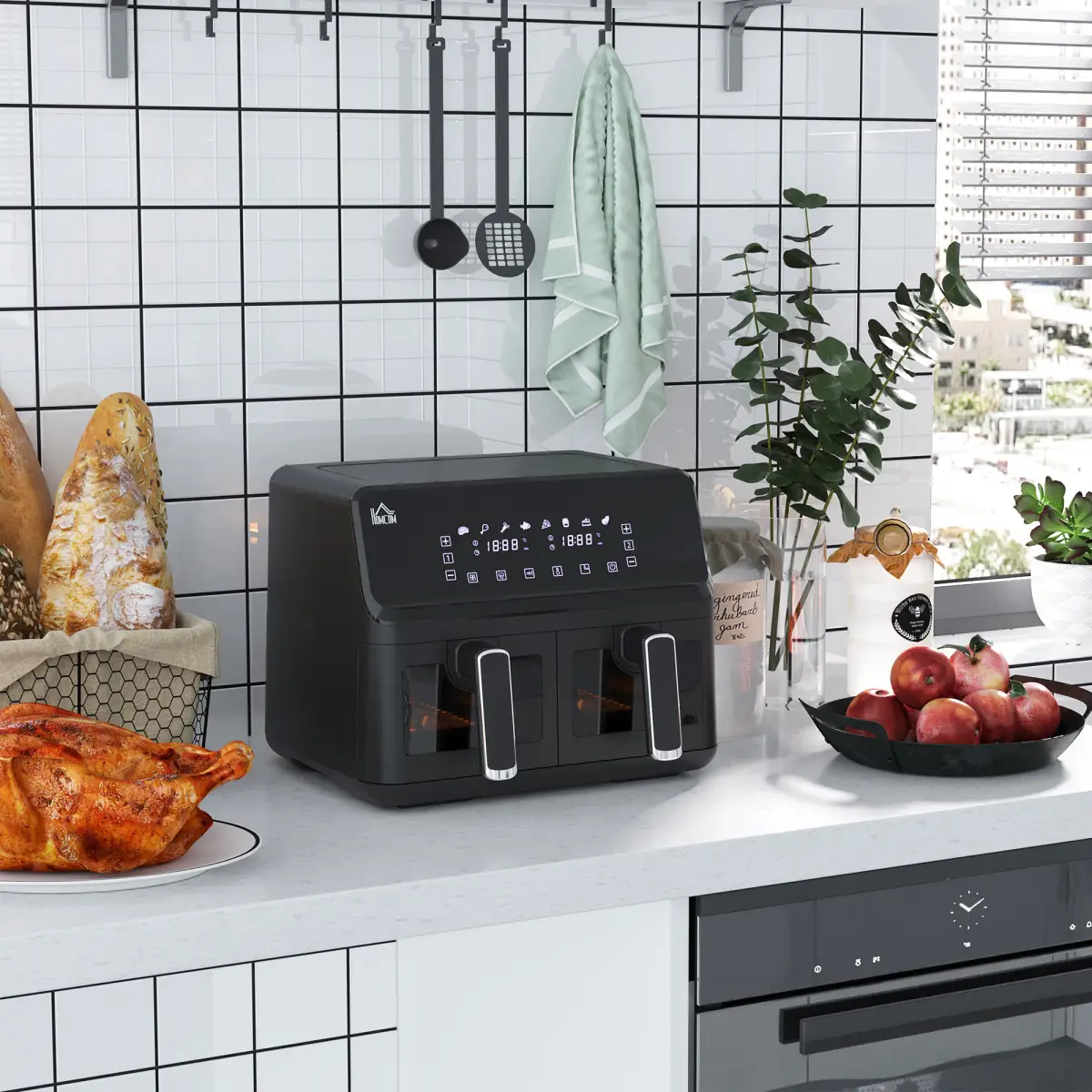 Dual Air Fryer 8L Family Size w/ 2 Basket 8 Presets Cookbook Timer 2500W by HOMCOM