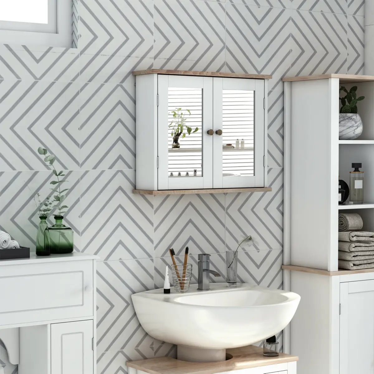 kleankin Bathroom Mirror Cabinet Wall Mounted Storage Cupboard W/ Double Door by Unbranded