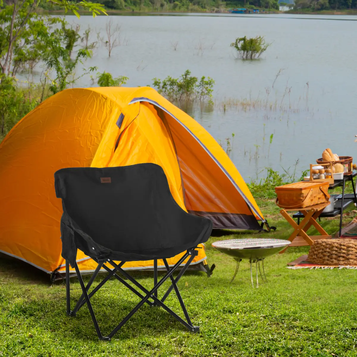 Outsunny Folding Camping Chair with Carrying Bag and Storage Pocket, Black by Outsunny