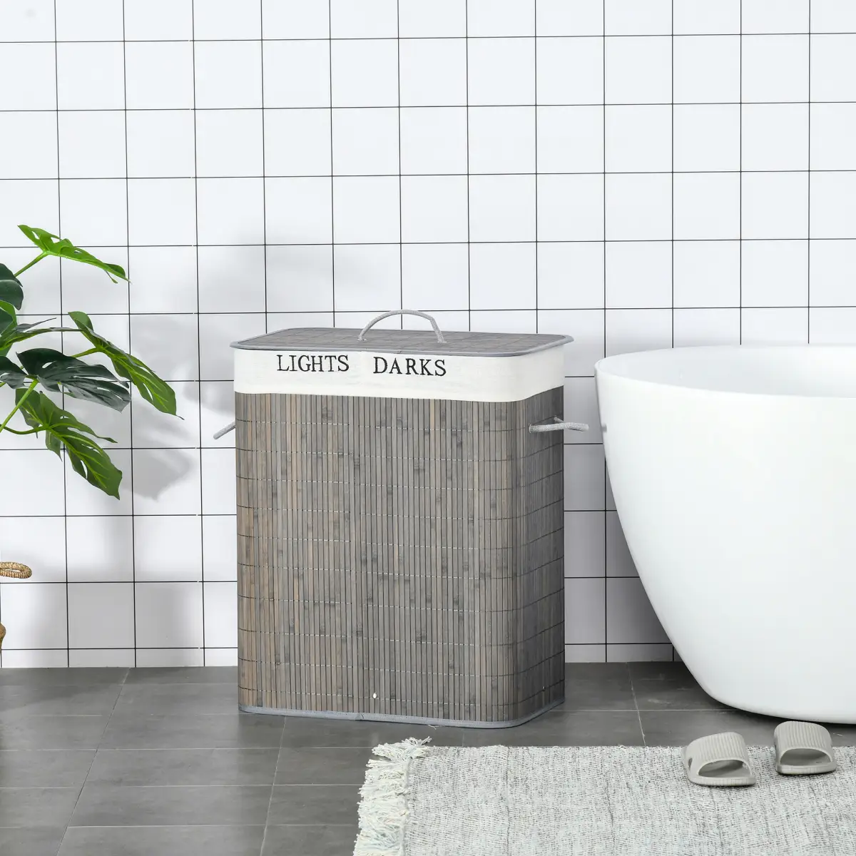100L Bamboo Laundry Basket with Flip Lid Foldable, Grey Lining, by HOMCOM