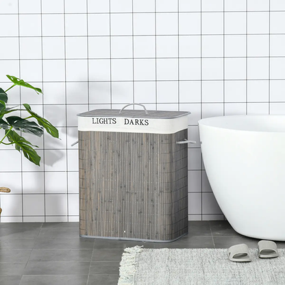 100L Bamboo Laundry Basket with Flip Lid Foldable, Grey Lining, by HOMCOM