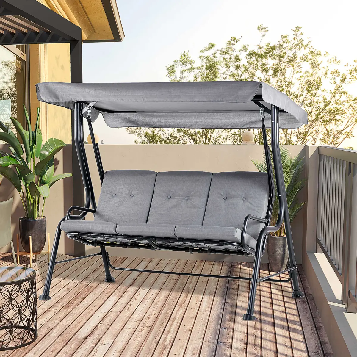 3 Seater Swing Chairs Thick Padded Seat Hammock Canopy Bench Bed - Grey by Outsunny