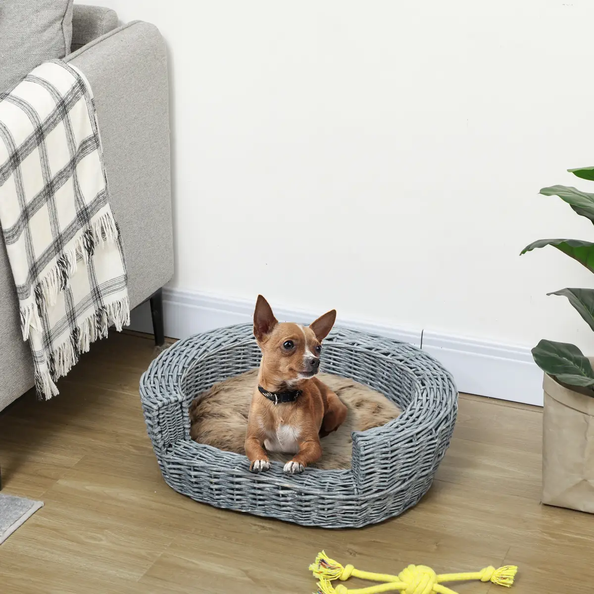 Elevated Dog Cat Couch Pet Basket Sofa Bed Wicker Willow Rattan Cushion Pawhut by Unbranded