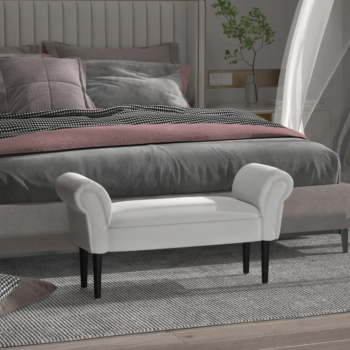 Elegant Flannelette Home End Bench Wood Legs Padding High Scrolled Ends by Unbranded