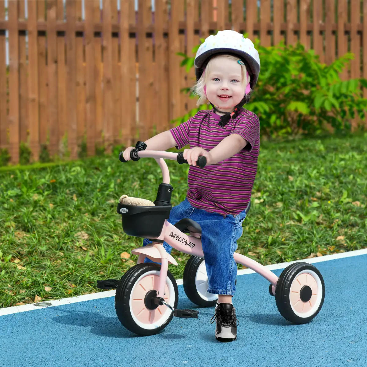 Kids Trike, Tricycle with Adjustable Seat, Basket, Bell for Ages 2-5 Years Pink by AIYAPLAY