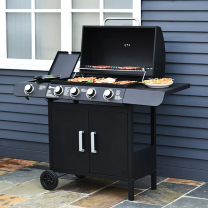 4 Gas BBQ Grill with Wheels, Steel-Black by Outsunny