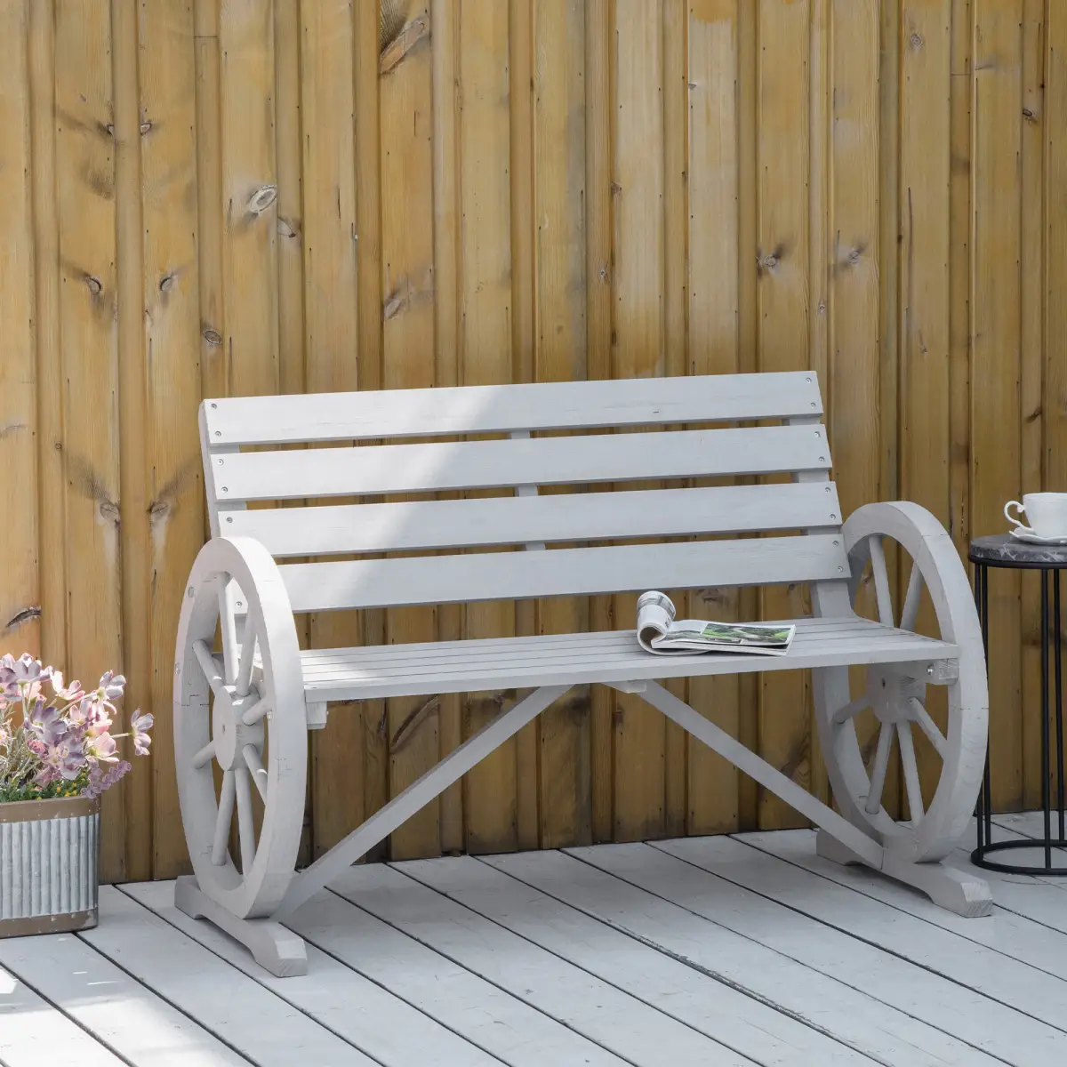 2 Seater Bench Armrest Chair & Wooden Cart Wagon Wheel Rustic High Back Grey by Outsunny