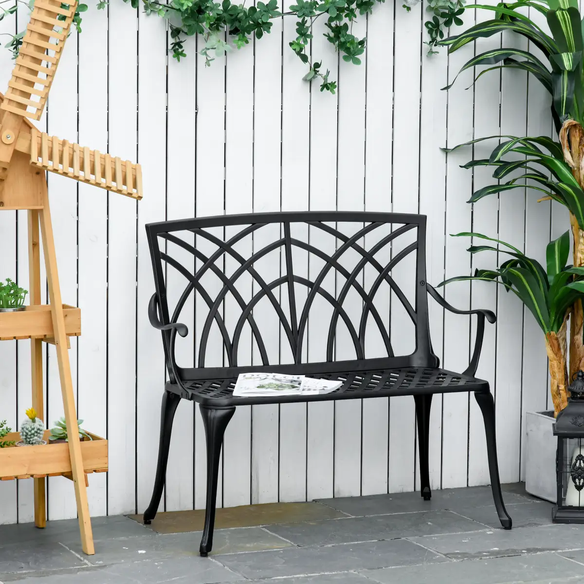 Outsunny 2-Seater Cast Aluminium Garden Bench Loveseat Ergonomic Armrest by Outsunny