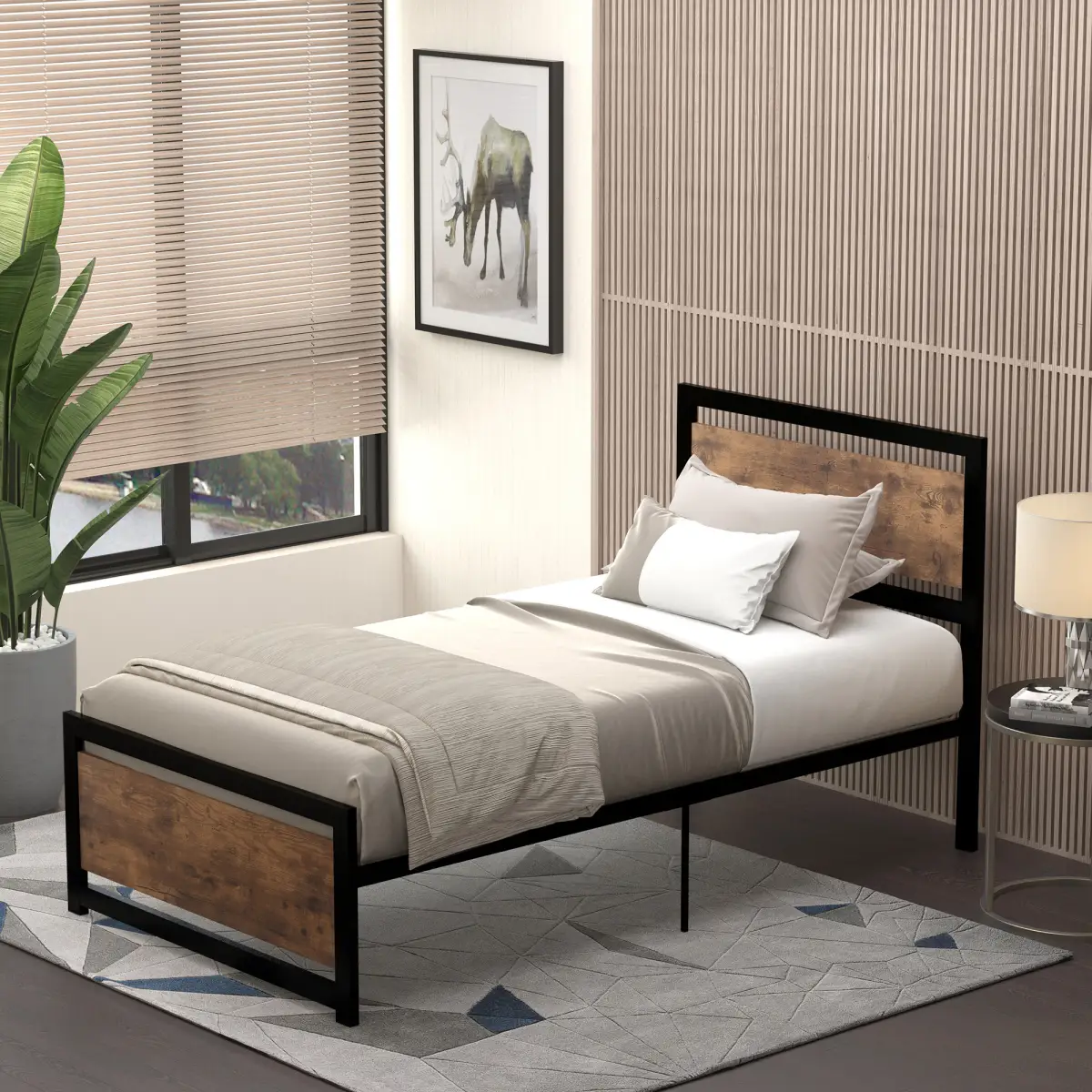 HOMCOM Single Size Metal Bed Frame w/ Headboard & Footboard, 97x195x103cm by HOMCOM
