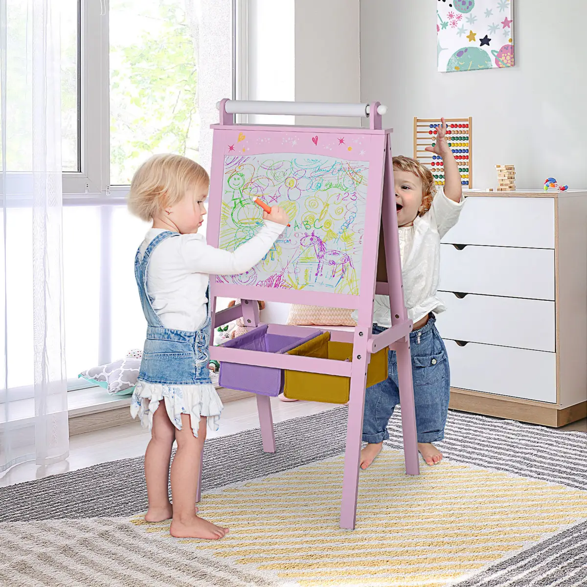 Kids Wooden Art Easel with Paper Roll Double-Sided Chalkboard, board HOMCOM by Unbranded