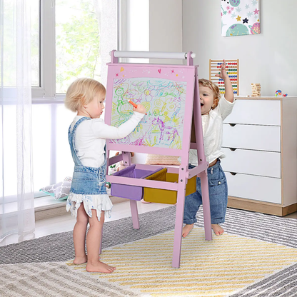 Kids Wooden Art Easel with Paper Roll Double-Sided Chalkboard, board HOMCOM by Unbranded
