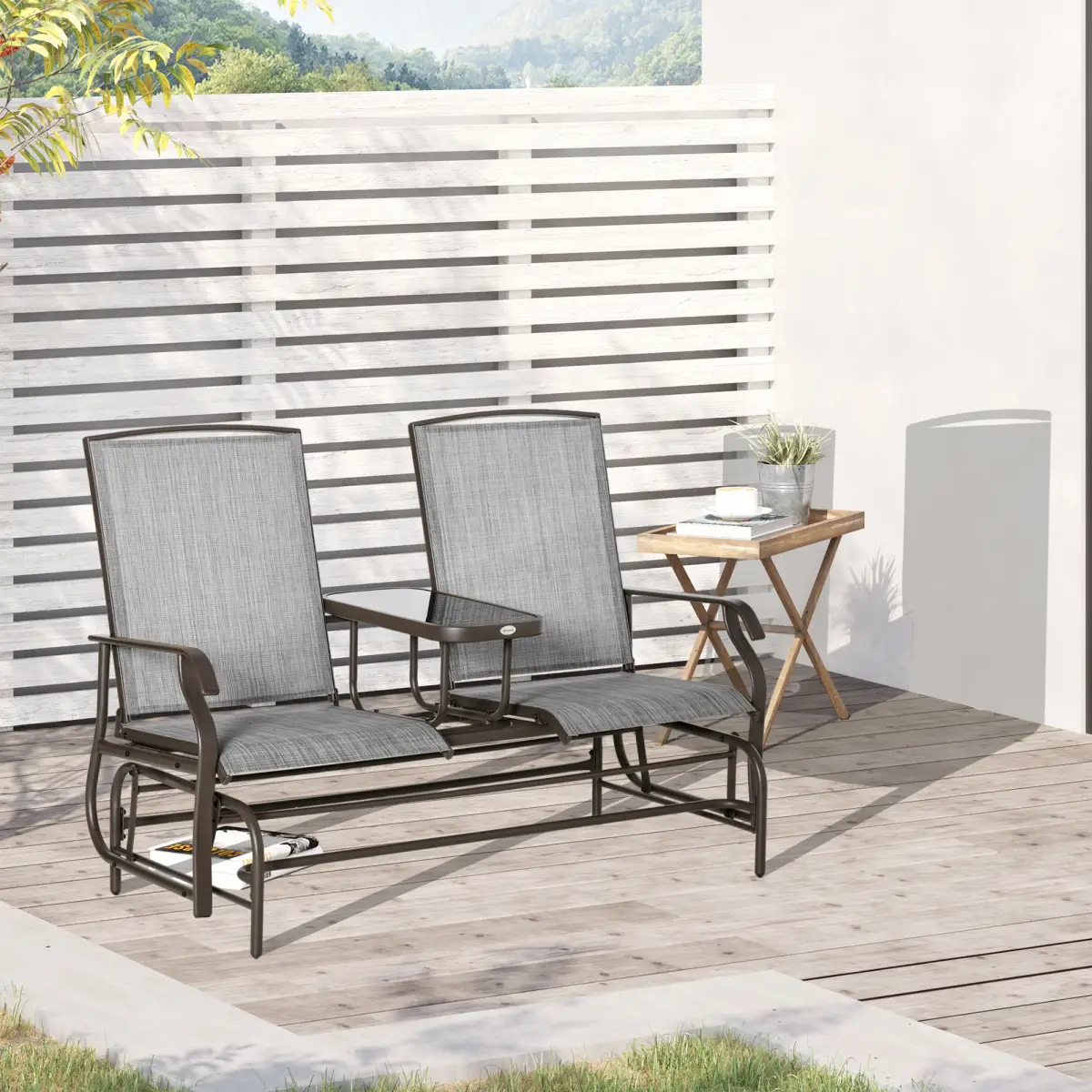 2 Seater Metal Double Swing Chair Glider Rocking Chair Seat With Table Grey by Outsunny