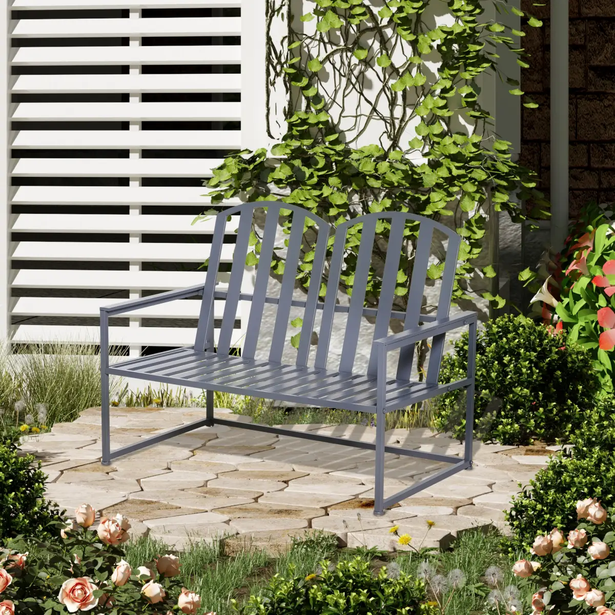 2 Seat Steel Patio Garden Bench Chair Slat Design Backyard Porch Outsunny by Unbranded