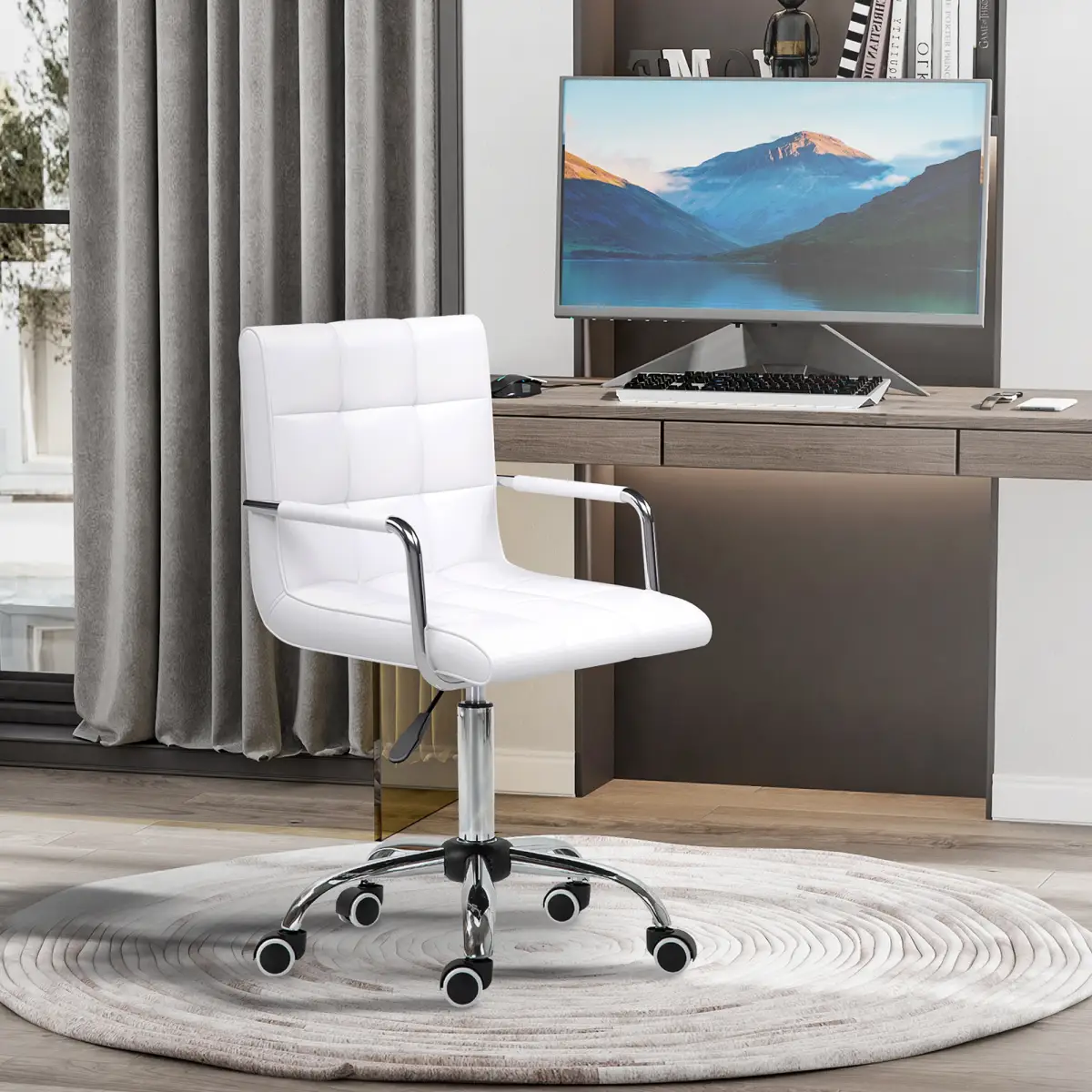 Mid Back PU Leather Home Office Chair Swivel Desk Chair with Arm, Wheel, White by Vinsetto