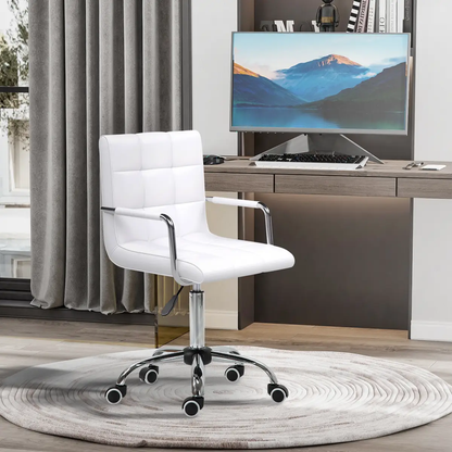 Mid Back PU Leather Home Office Chair Swivel Desk Chair with Arm, Wheel, White by Vinsetto