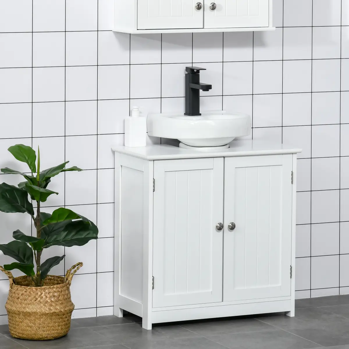 kleankin 60x60cm Under-Sink Storage Cabinet Adjustable Shelf Drain Hole White by Unbranded