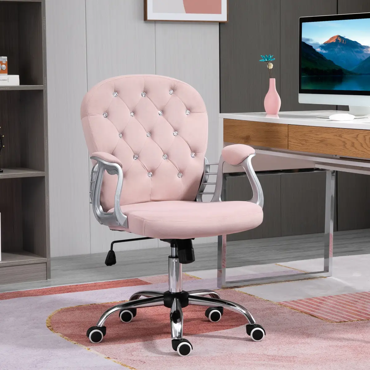 Office Chair Luxury Velour Diamond Tufted Padded Ergonomic 360� Swivel Pink by Unbranded