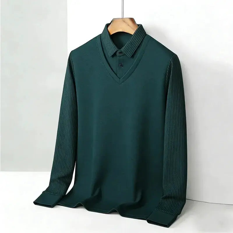 Men's Fake Two Piece Shirt Collar V Neck Long Sleeve Top Khaki Striped Casual Fashion Soft Fabric Daily Wear Blouse by All Mart Bristol Ltd