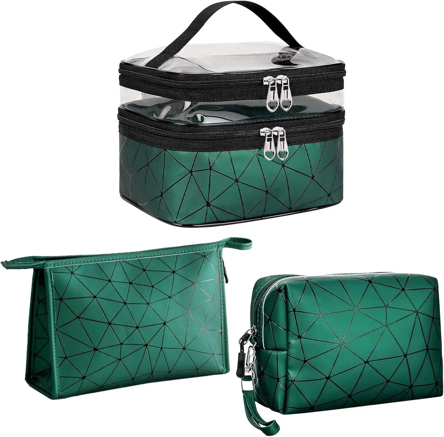 Stylish 3-Piece Makeup Bag Set - Double Layer Cosmetic Organizer & 2 Travel Toiletry Bags with Diamond Pattern in Elegant Green for Men and Women by All Mart Bristol Ltd