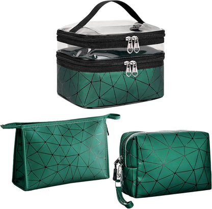 Stylish 3-Piece Makeup Bag Set - Double Layer Cosmetic Organizer & 2 Travel Toiletry Bags with Diamond Pattern in Elegant Green for Men and Women by All Mart Bristol Ltd