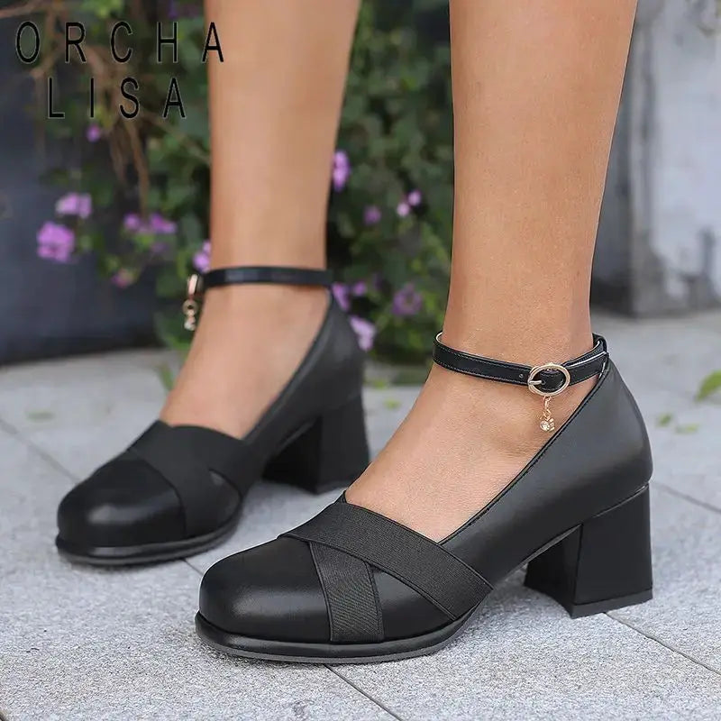 ORCHA LISA Women Pumps Daily Mary Shoes Chunky Heels Ankel Buckle Strap Black Spring Summer Round Toe Shallow Mixed Big Size 43 by All Mart Bristol Ltd