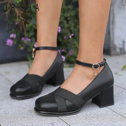 ORCHA LISA Women Pumps Daily Mary Shoes Chunky Heels Ankel Buckle Strap Black Spring Summer Round Toe Shallow Mixed Big Size 43 by All Mart Bristol Ltd