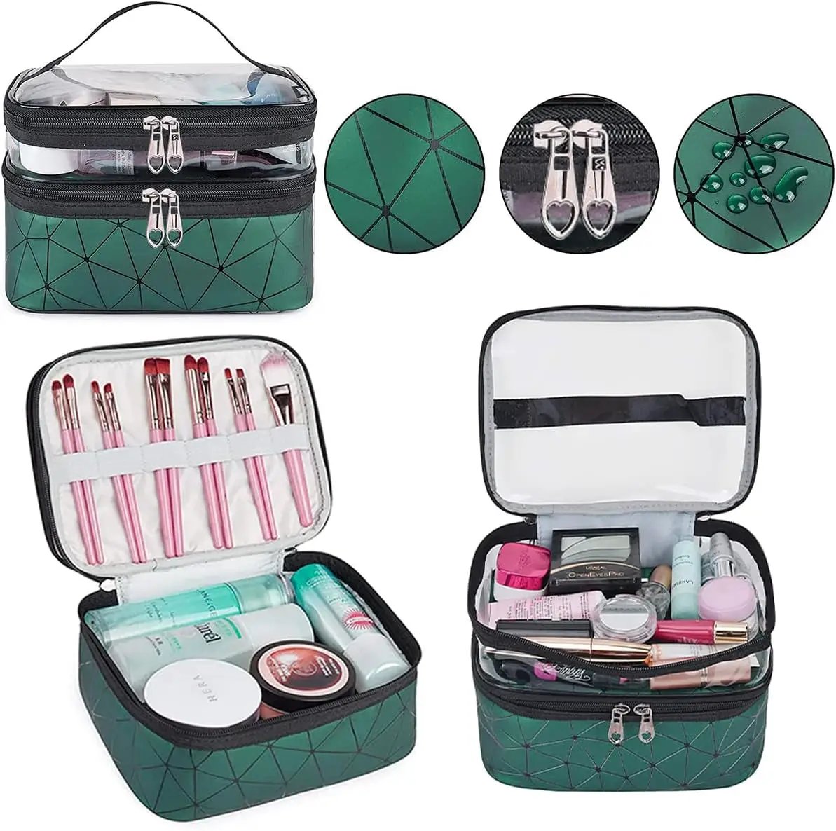 Stylish 3-Piece Makeup Bag Set - Double Layer Cosmetic Organizer & 2 Travel Toiletry Bags with Diamond Pattern in Elegant Green for Men and Women by All Mart Bristol Ltd