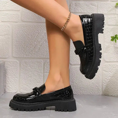 Women's Chain Decor Platform Loafers Fashion Black Patent Leather Dress Shoes Woman Comfortable Slip On Flat Shoes Plus Size 42 by All Mart Bristol Ltd