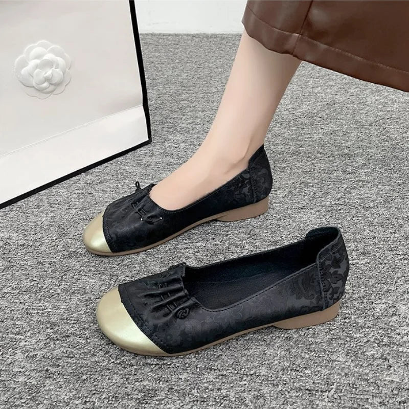 Chinese Style Color Block Slip-on Flats, Low Heel Comfortable Versatile Work Shoes for Women by All Mart Bristol Ltd