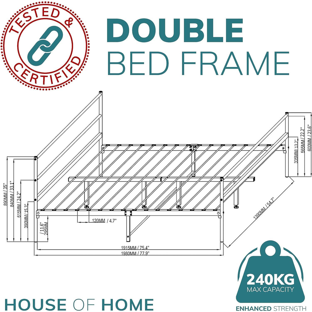 Extra Strong Double Metal Bed Frame In Black - Improved by House of Home