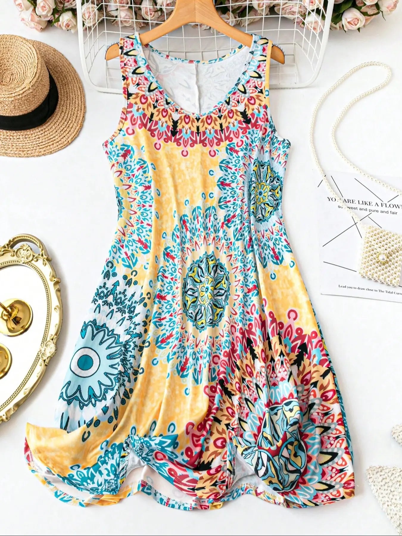 Plus Size Women'S All over Print Sleeveless Vest Dress, Basic Boho Tank Dress, Perfect for Vacation and Home Use, Comfortable and Stylish, Casual Wear by All Mart Bristol Ltd