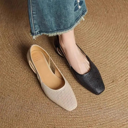 Spring Summer Women's Breathable Square Toe Low Heel Slip On Flats - French Vintage Soft Sole Casual Commuter Office Shoes by All Mart Bristol Ltd