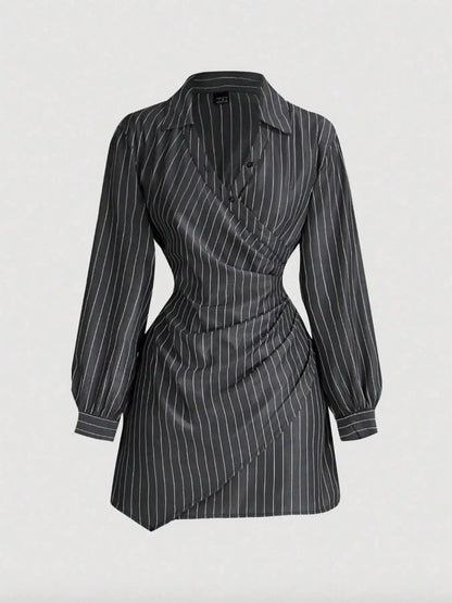 Women'S Plaid Print V-Neck Lantern Sleeve Ruched Fitted Mini Dress, Suitable for Work and School, Formal, Casual Long Sleeves Fitted Waist Stripe Print Shirt Dress by All Mart Bristol Ltd