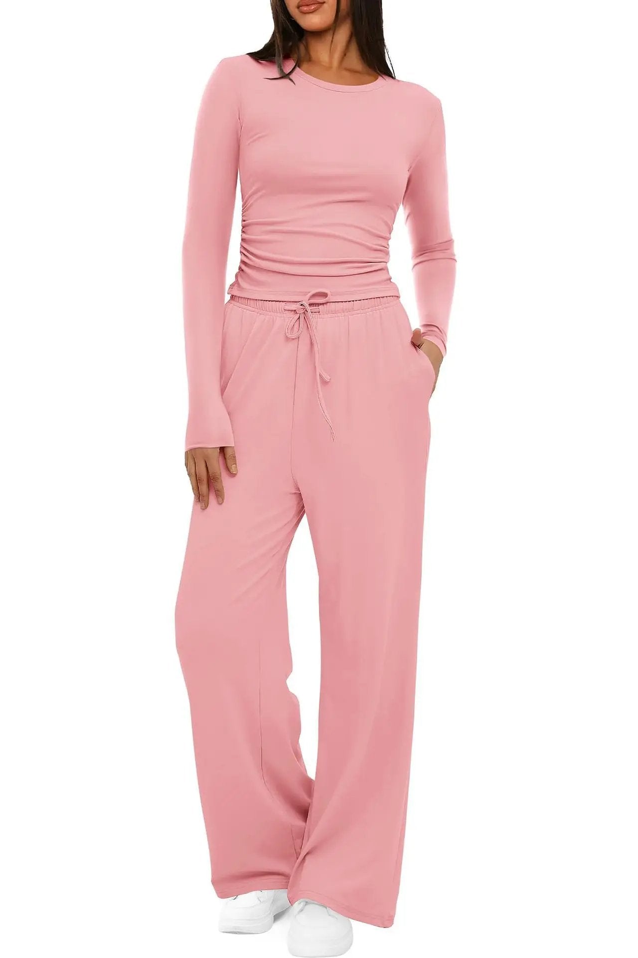 2 Pieces Women's Suit Autumn Winte Long Sleeve Tops High Waisted Wide Leg Pants Sportswear Female Clothes Solid Color Casual Suit by Dropshipman