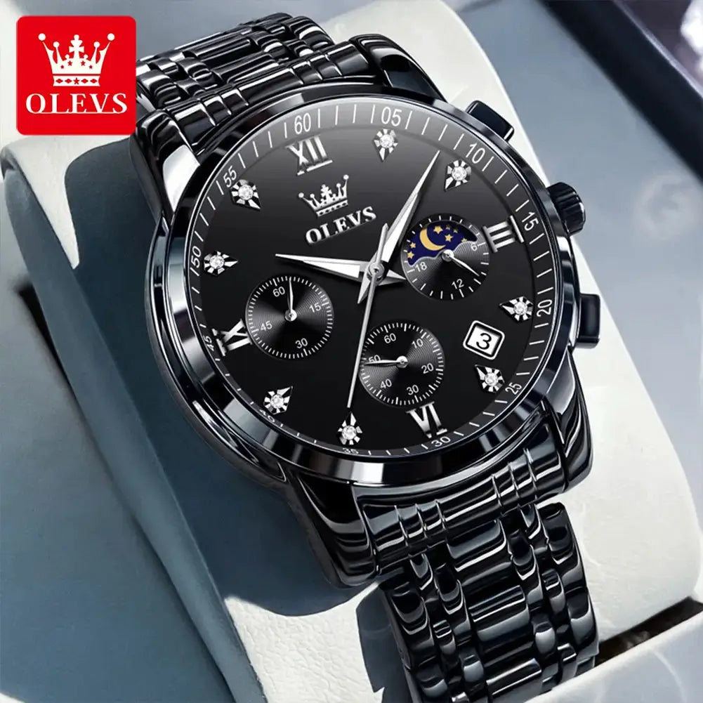 OLEVS Popular men's watches stainless steel black Moon Phase Chronograph quartz watch for man date Original brand wristwatch by All Mart Bristol Ltd