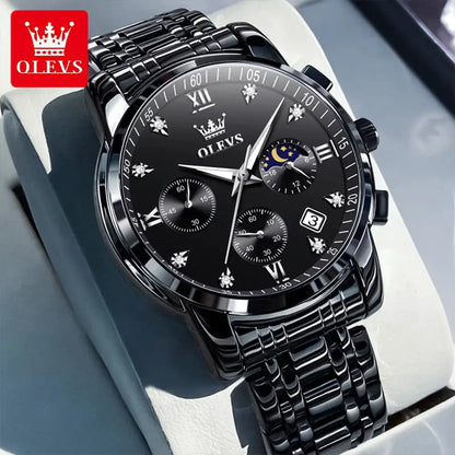 OLEVS Popular men's watches stainless steel black Moon Phase Chronograph quartz watch for man date Original brand wristwatch by All Mart Bristol Ltd