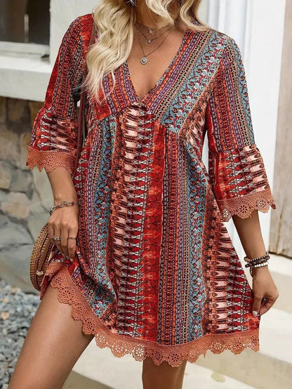 Bohemian Style V-neck Printed Dress Fashion Casual Loose Beach Dresses For Women by Dropshipman