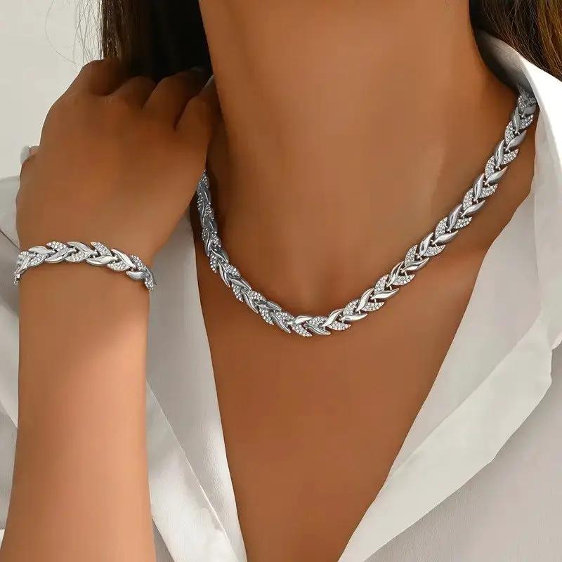2PCS Glass Leaf Necklace Set Elegant Rhinestone Chain Necklace Bracelet For Women Fashion Luxury Jewelry Set by Dropshipman
