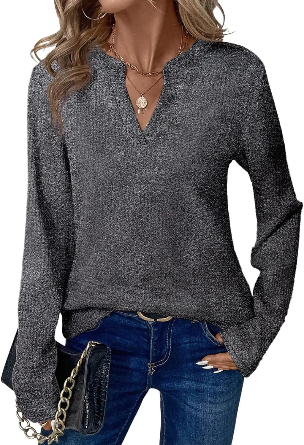 New Womens Notched V-Neck Long Sleeve Space Dye Waffle Knit Blouse Casual Loose Fit Top for Daily Wear by All Mart Bristol Ltd
