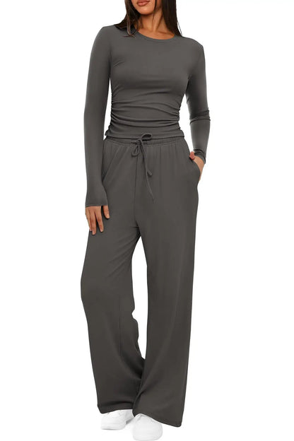 2 Pieces Women's Suit Autumn Winte Long Sleeve Tops High Waisted Wide Leg Pants Sportswear Female Clothes Solid Color Casual Suit by Dropshipman