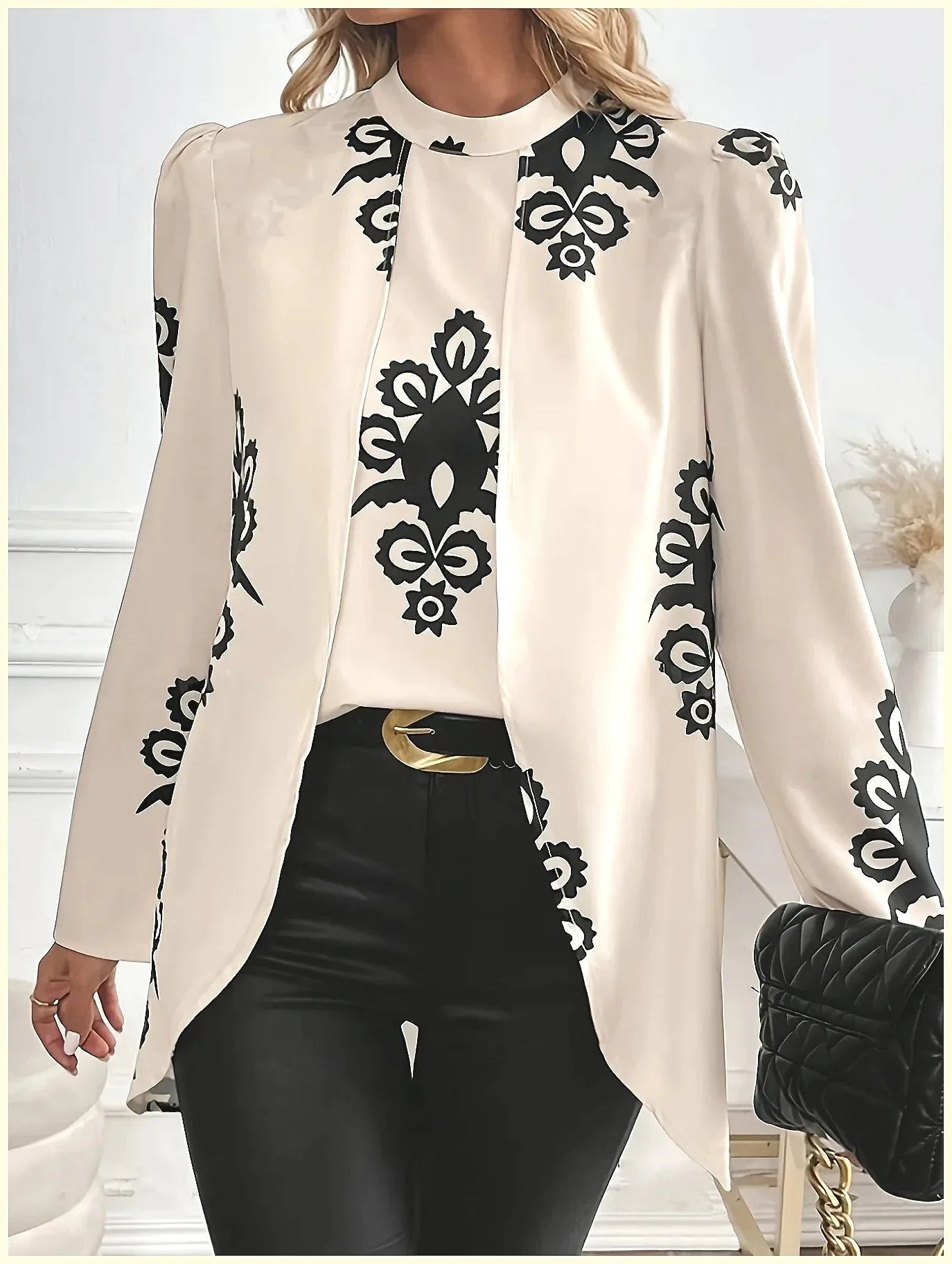 2026 Fashion Women's Long Sleeve Print Blouse, Elegant Office Top with Fake Two-Piece Design by All Mart Bristol Ltd