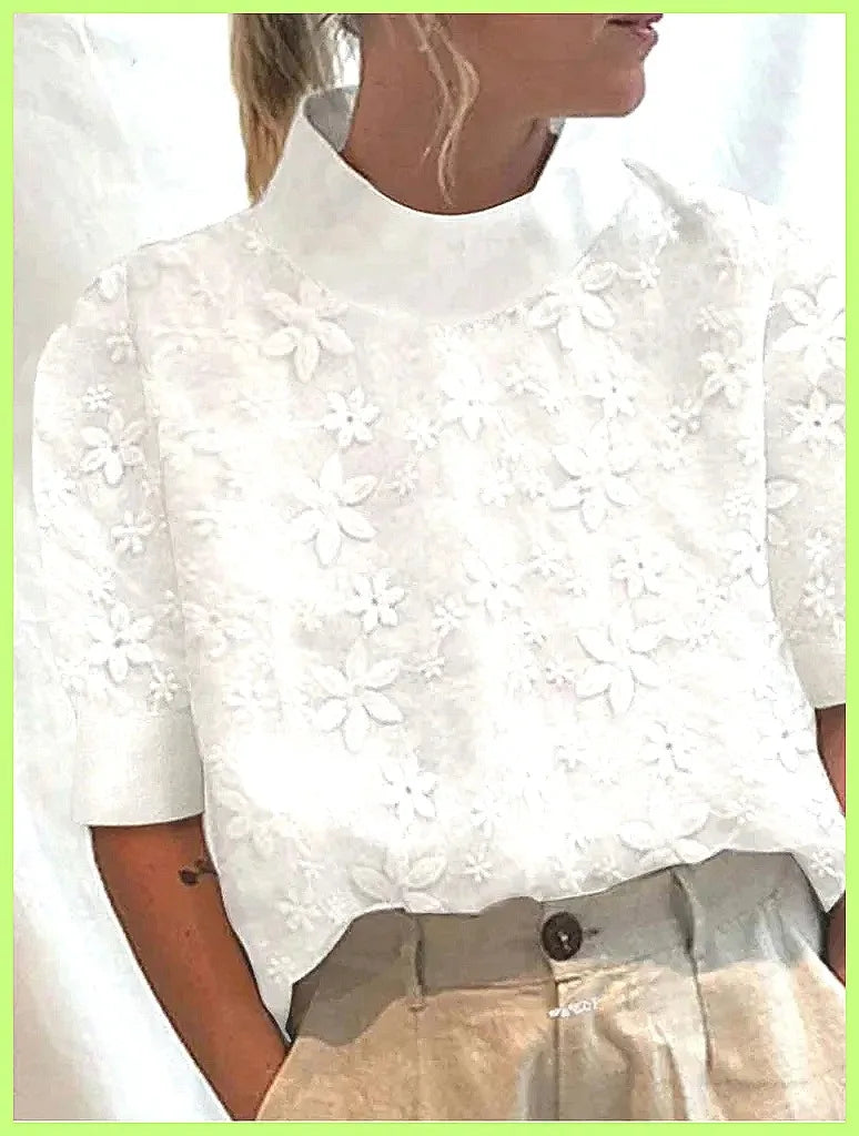 Women's Cotton Linen Pullover Shirt, Elegant Lace Trim Slim Fit Stand Collar Top for Summer Streetwear by All Mart Bristol Ltd