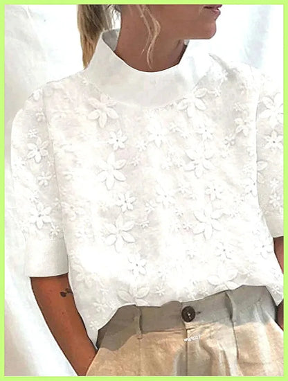 Women's Cotton Linen Pullover Shirt, Elegant Lace Trim Slim Fit Stand Collar Top for Summer Streetwear by All Mart Bristol Ltd