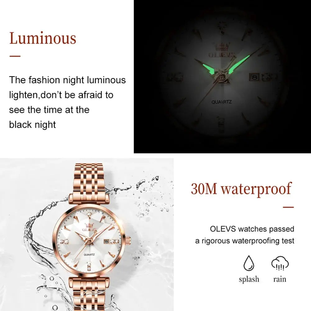 OLEVS brand beautiful women's watches Prism mirror waterproof fashion quartz watch for rose genuine date ladies wristwatch by All Mart Bristol Ltd