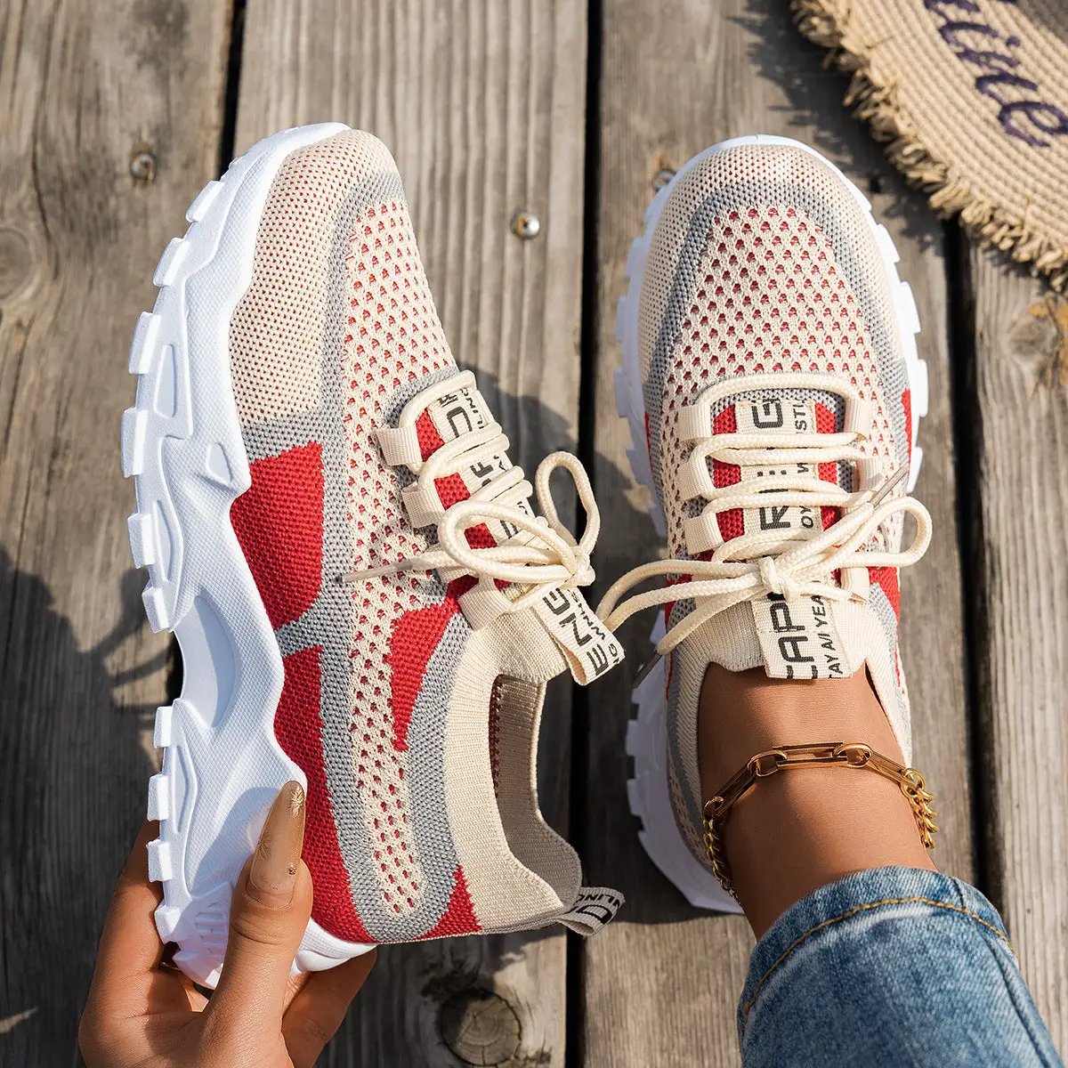 Flyknit Mesh Shoes Women's Breathable Lace-up Sneakers Walking Running Casual Shoes by Dropshipman