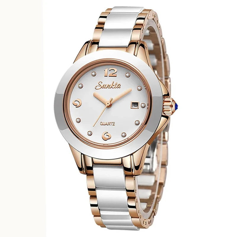 Sunkta Fashion Casual Quartz Woman Watch Elegant Luxury Ceramics Diamond Calendar Waterproof Ladies Women's Watches Montre Femme by All Mart Bristol Ltd