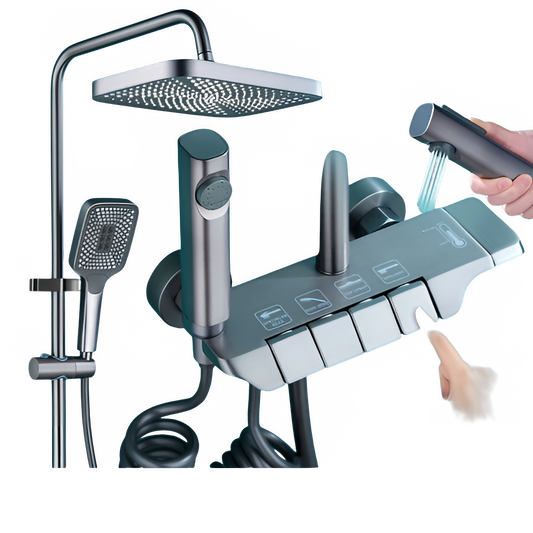 Grey Shower System Set Bathroom Digital LED Rain Showers Faucet Brass Bath Thermostat Rainfall Shower 4 Way with Bidet Taps Sets by All Mart Bristol Ltd