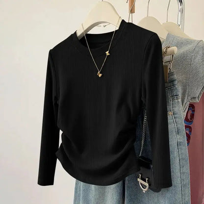 Spring and Autumn Women's Threaded T-shirt Top Soft Solid Color Round Neck Long Sleeve Fashionable Slimming Bottom Shirt by All Mart Bristol Ltd