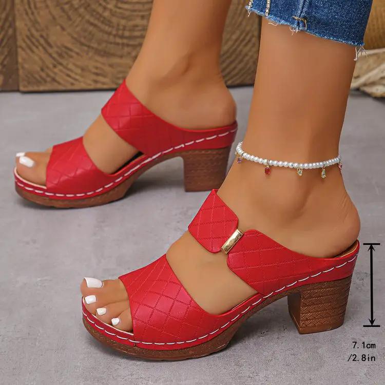 Chunky Heel Sandals Summer Round Toe Plaid Slides Slippers Fashion Outdoor High Heels Shoes For Women by Dropshipman