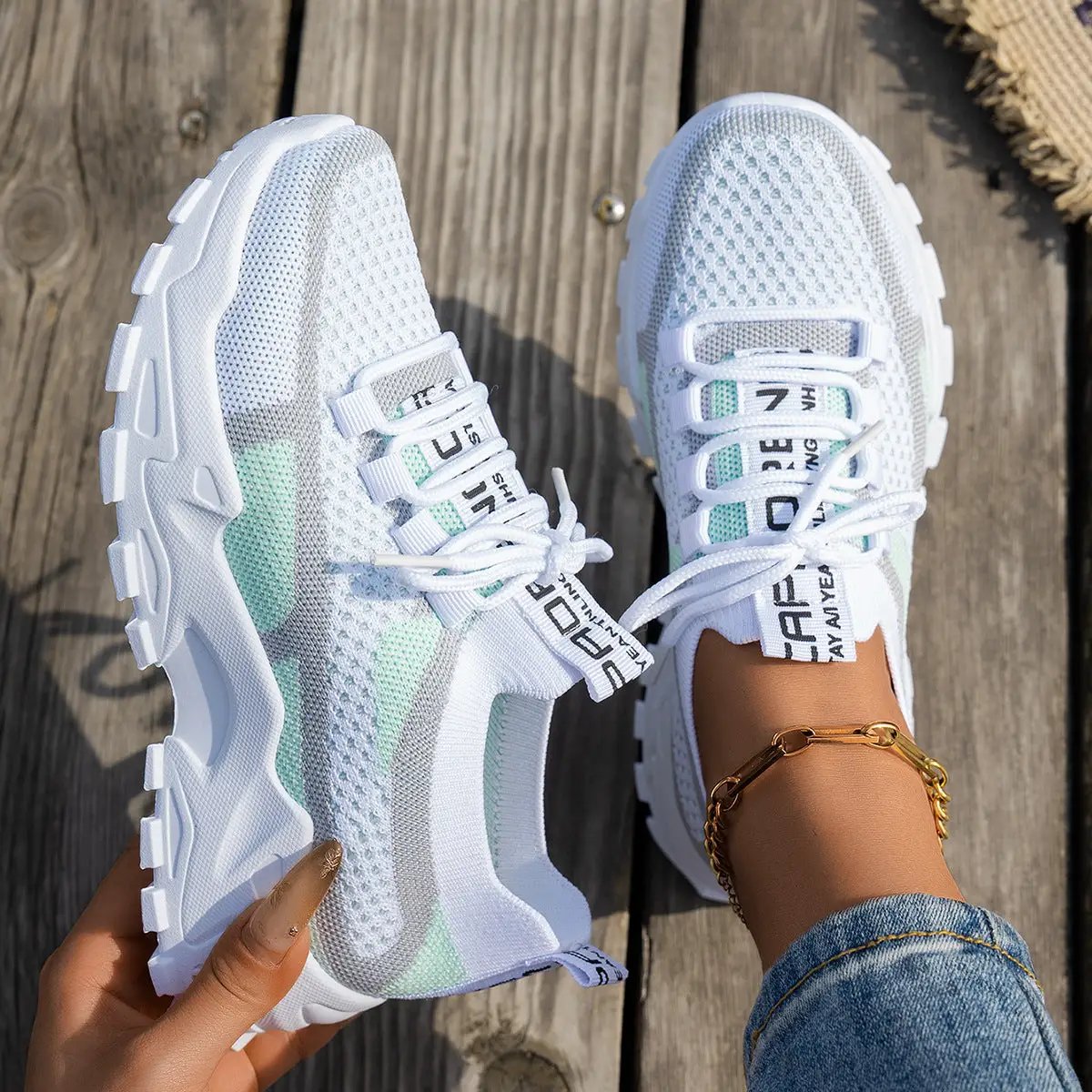 Flyknit Mesh Shoes Women's Breathable Lace-up Sneakers Walking Running Casual Shoes by Dropshipman